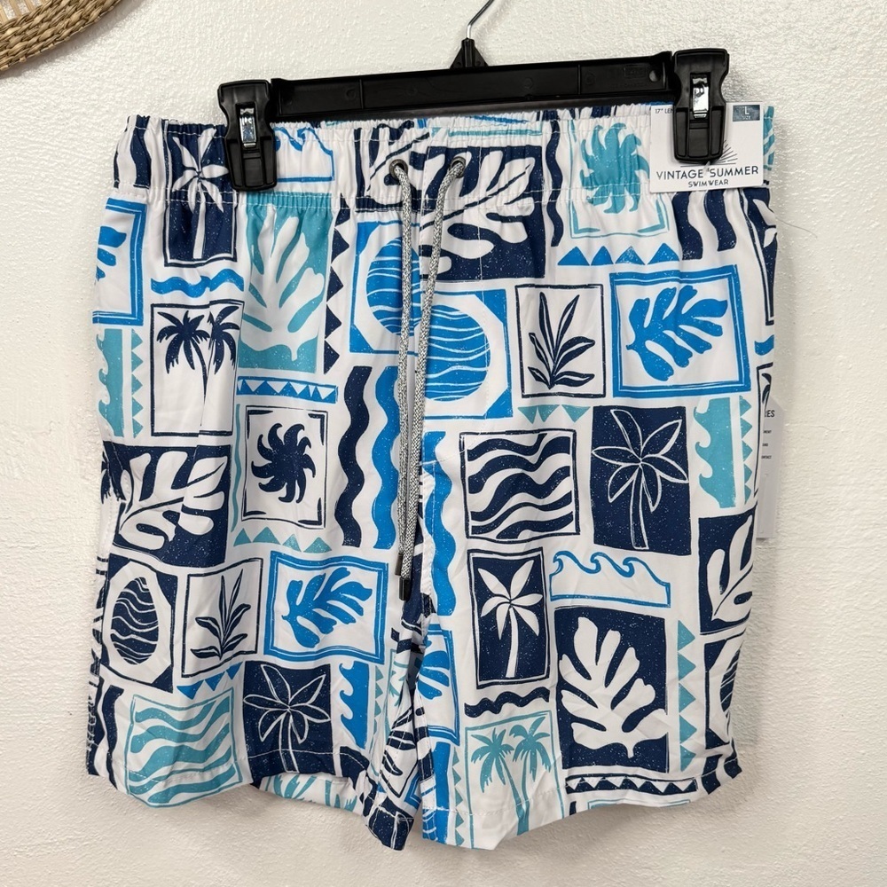 Vintage Summer Swimwear Men's Swim Trunks Size L Navy Blue Tropical 17